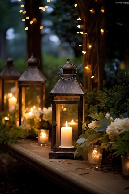 Vintage lanterns illuminating a twilight garden reception