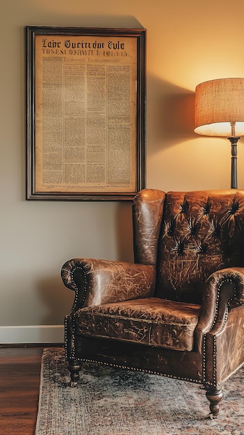 Photo a vintage leather armchair sits beside warm lamp with an old newspaper framed on wall creating nostalgic atmosphere rich textures and warm tones evoke sense of history and comfort