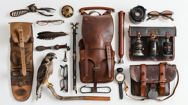 Photo vintage leather goods accessories and a bird of prey