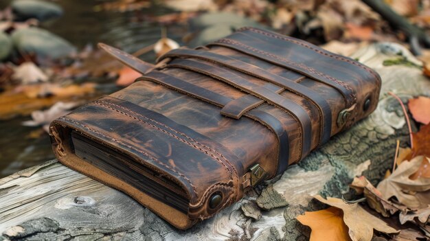 Vintage leather journal on weathered wood amongst autumn leaves