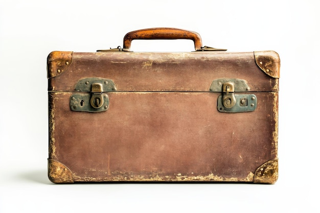 Photo a vintage leather suitcase with worn edges and a wooden handle resting on a neutral background