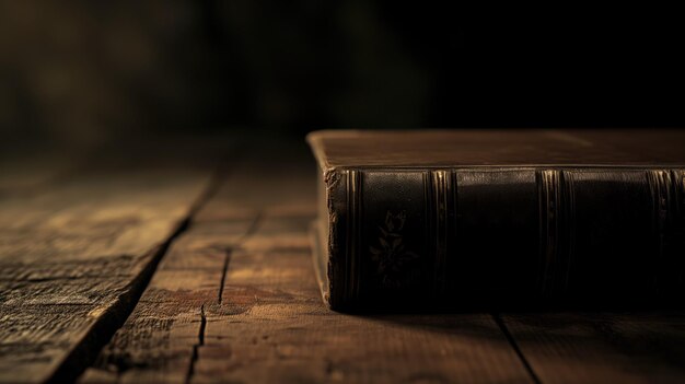 Vintage leatherbound book resting on a rustic wooden table aged and textured