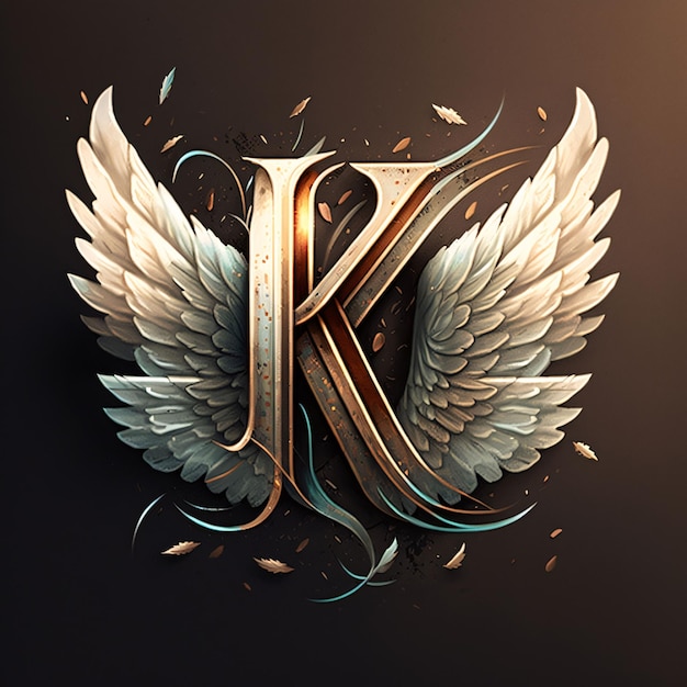 Vintage letter K with wings and floral ornament 3D rendering