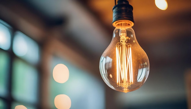 Vintage light bulb illuminating warmly against a cool grey backdrop