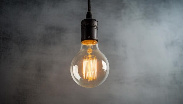 Vintage light bulb illuminating warmly against a cool grey backdrop