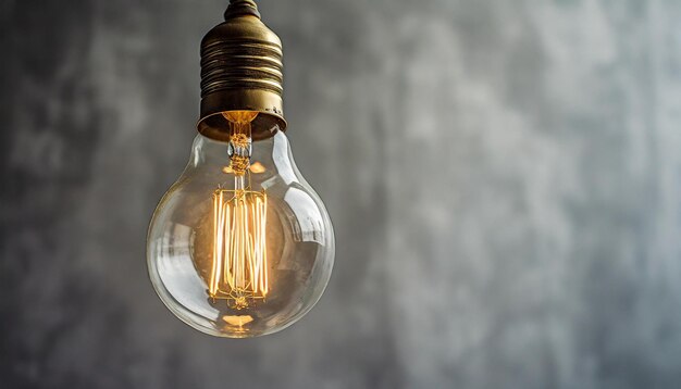 Vintage light bulb illuminating warmly against a cool grey backdrop