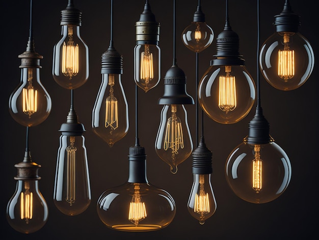 Vintage light bulbs on dark background Idea concept 3D Rendering