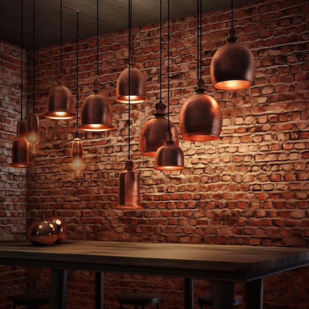 Vintage light bulbs hanging on brick wall generative ai