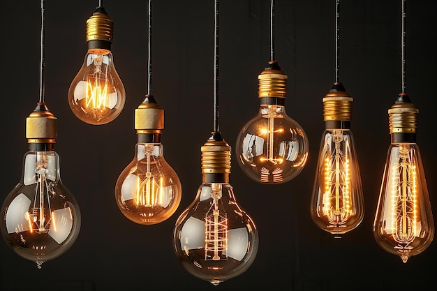 Vintage light bulbs of various shapes and sizes hanging on a black background illuminated with a wa