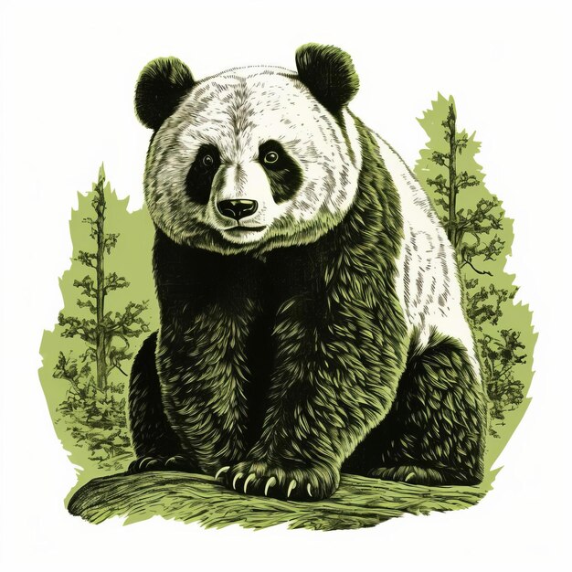 Vintage Line Engraving Of Panda Bear On Green Grassland