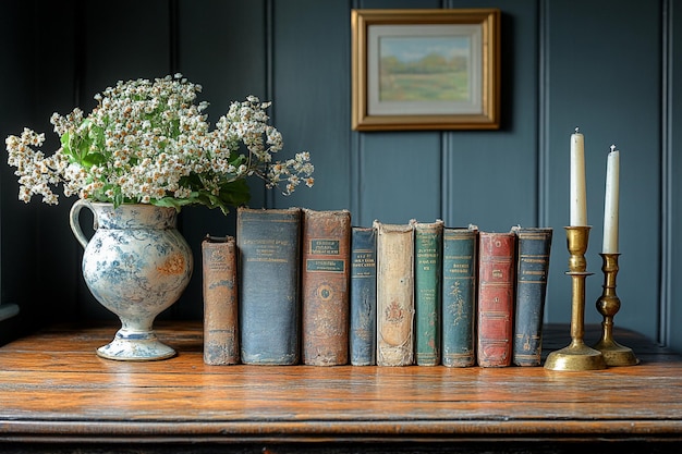 Photo vintage living room table with antique books and brass candlesticks ar 32 c 25