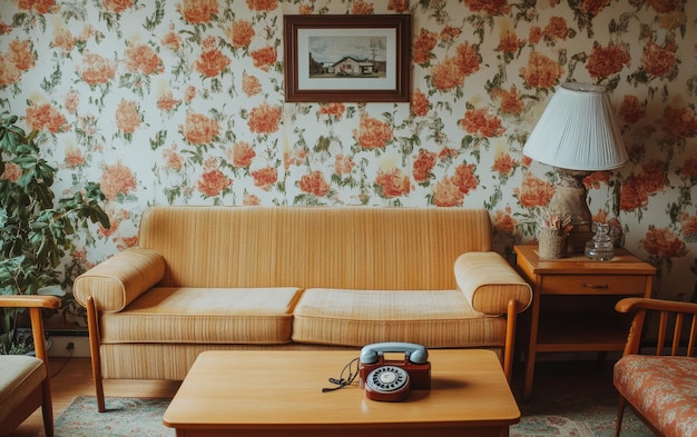 Vintage Living Room with a Floral Wallpaper and a Retro Phone