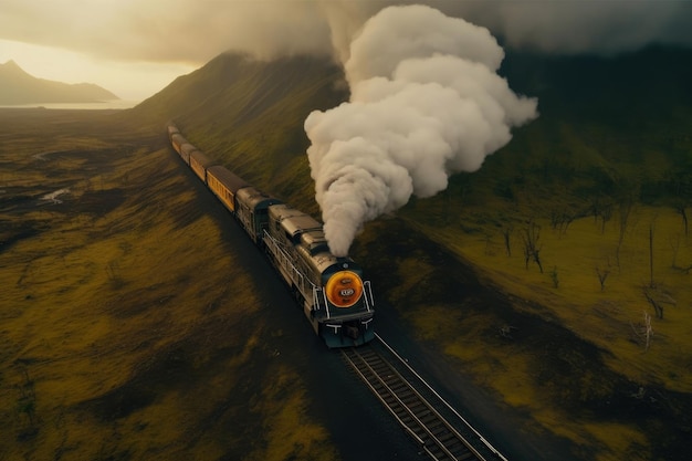 Vintage Locomotive Roaming Misty Volcanic Realms