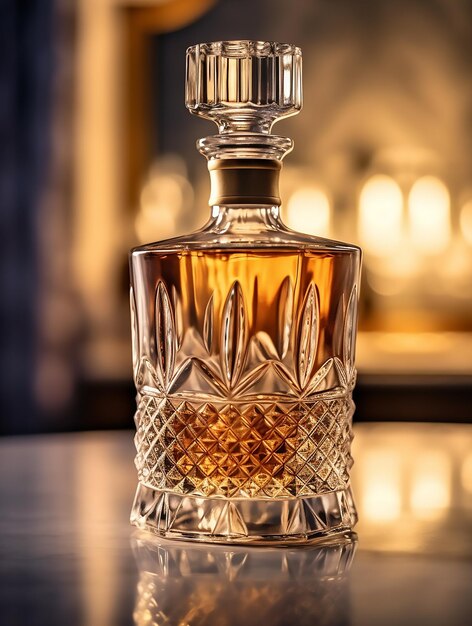 A vintage luxurious whiskey crystal bottle on a neutral colored background