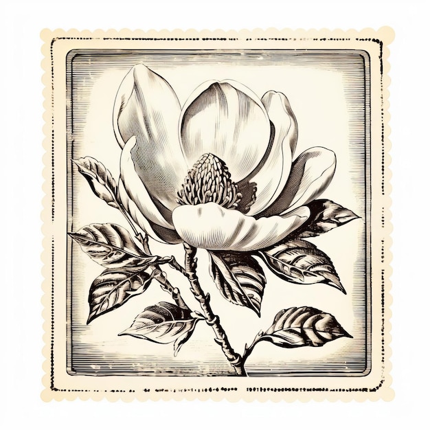 Photo vintage magnolia stamp print on white background line engraving artwork