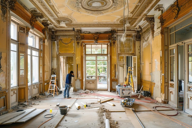 Photo vintage mansion during restoration workers restoring ornate woodwork and frescoes