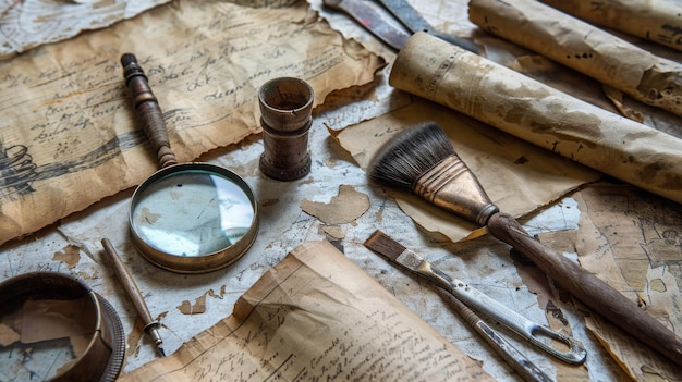 Photo vintage manuscripts and writing tools on desk