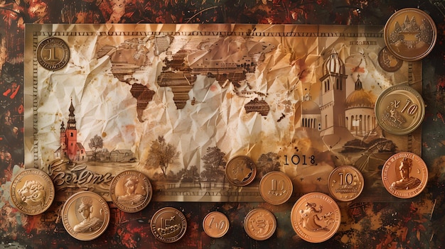 Photo vintage map and assorted international coins nostalgic travel concept with aged currency antique style world exploration theme ai