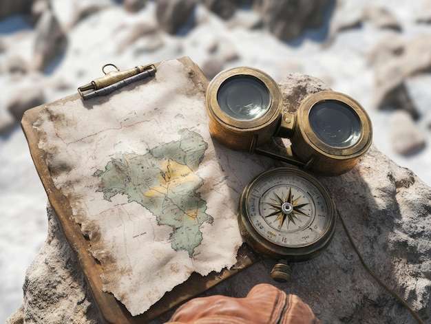 Photo a vintage map binoculars and a compass on a rocky surface