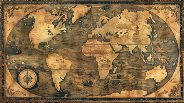 A vintage map of the world with a border and a title