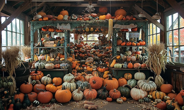 A Vintage Market Stand Overflowing with Gourmet Pumpkins