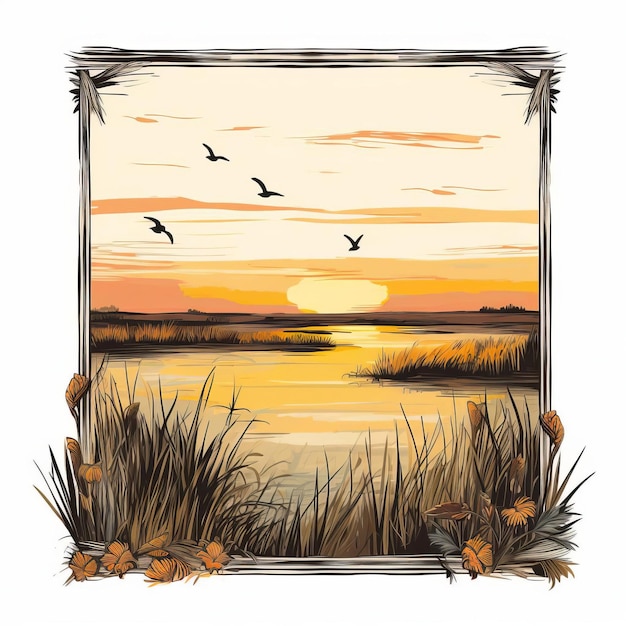 Vintage Marsh Sunset Picture Frame Vector Graphic