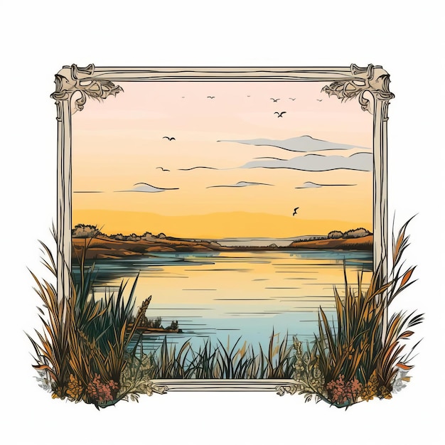 Vintage Marsh Sunset Picture Frame Vector Graphics