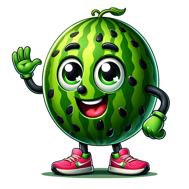 Vintage mascot watermelon logo design is a drawing of a watermelon with a green face and pink shoes