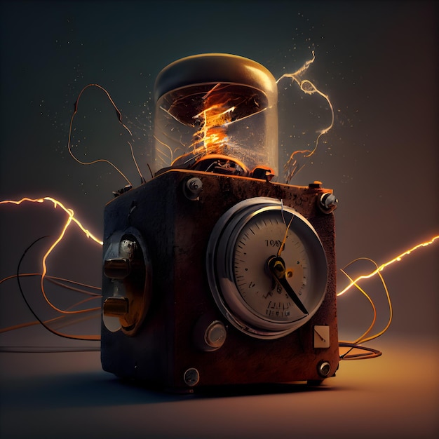 Vintage mechanical alarm clock on dark background with lightning 3d rendering