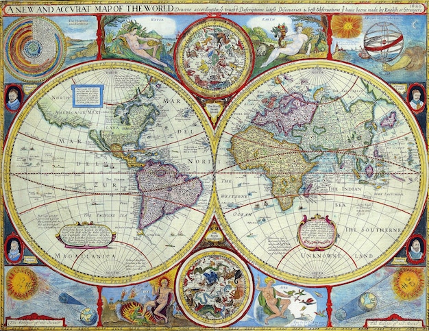 Vintage medieval map of the world 1626 Sepia with colour