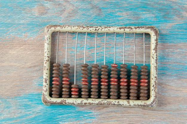 Vintage metal abacus on wooden background. Copy space for text