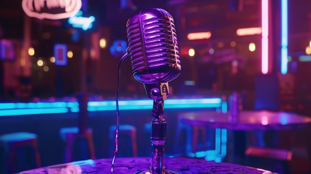 Vintage Microphone on a Bar Table with Neon Lights