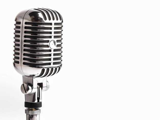 A vintage microphone is shown against a white background