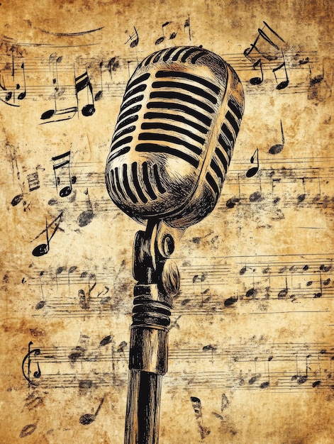 Photo a vintage microphone on a music sheet background symbolizing music performance recording cr