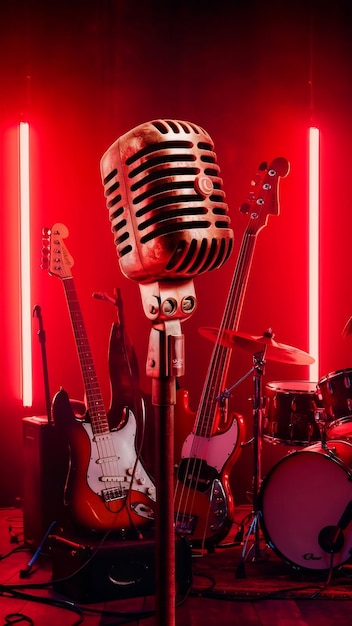 Vintage microphone and musical instruments under red neon lights