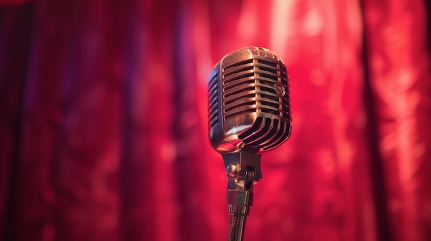 Vintage Microphone with Silver Grill Against Red Velvet Curtain for Retro Music Poster Design