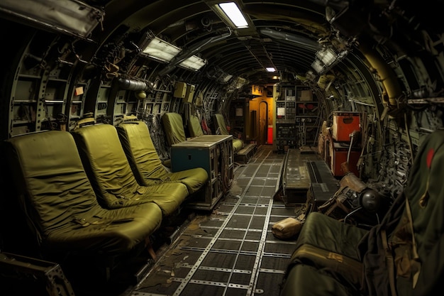 Vintage military helicopter interior at dusk