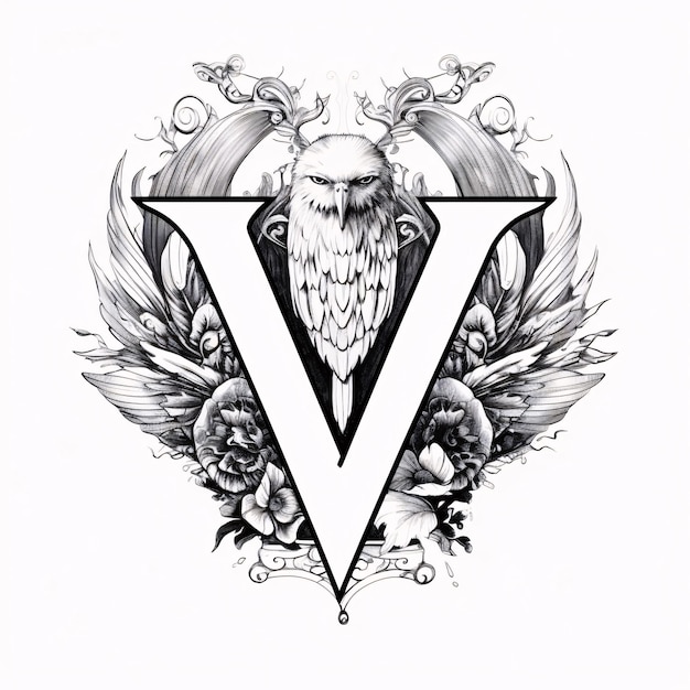 Photo vintage monogram with eagle wings and flowers handdrawn illustration letter v