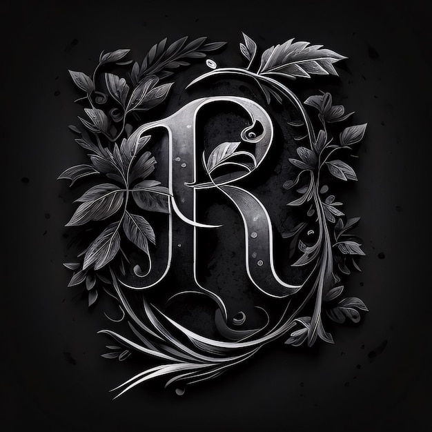 Vintage monogram with floral ornament Letter R Black background