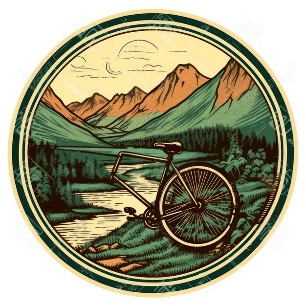 Vintage Mountain Landscape with a Bicycle and River