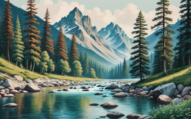 Vintage mountain river nature illustration