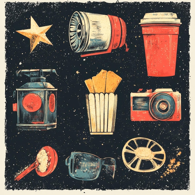 Photo vintage movie night set with retro icons and stars