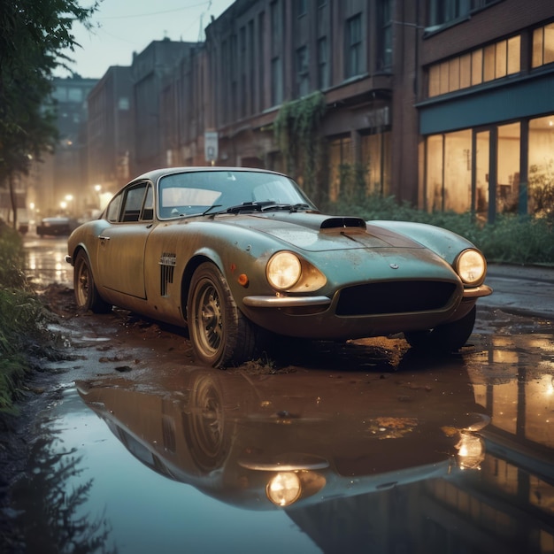 Vintage muscle car parked in flooded street water and mud surround dirty with hood ornament