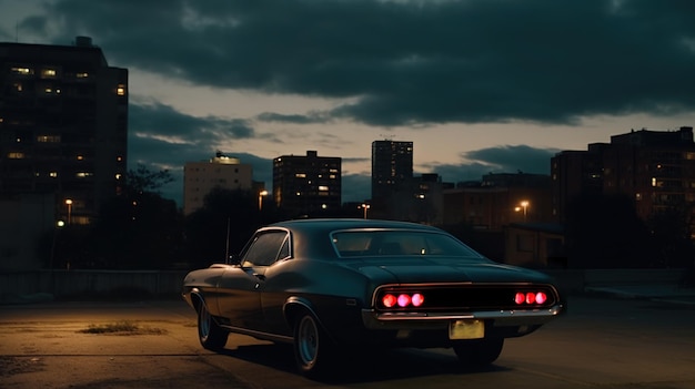 Vintage muscle car parked on the street at night 80s styled synthwave retro scene with powerful drive in evening Generated AI