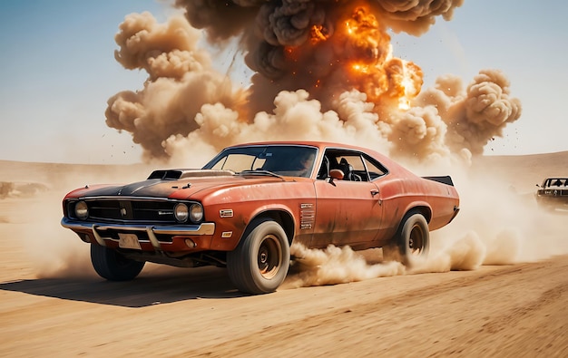 Vintage muscle car speeding through desert dust cloud with an explosion in the background