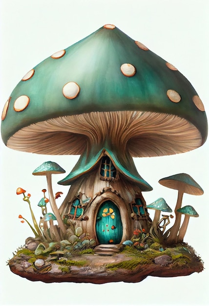 Vintage Mushroom Fairy House Oil Painting