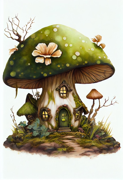 Vintage Mushroom Fairy House Oil Painting