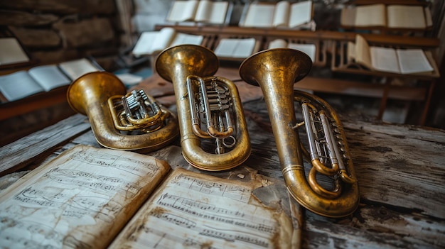 Photo vintage music scene with tubas and sheet music in rustic setting