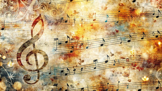 Photo a vintage music sheet background with a treble clef and music notes on a textured aged paper with a faded and grunge effect