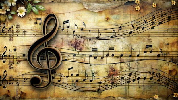 A vintage musical sheet with a treble clef and flowing notes surrounded by floral accents